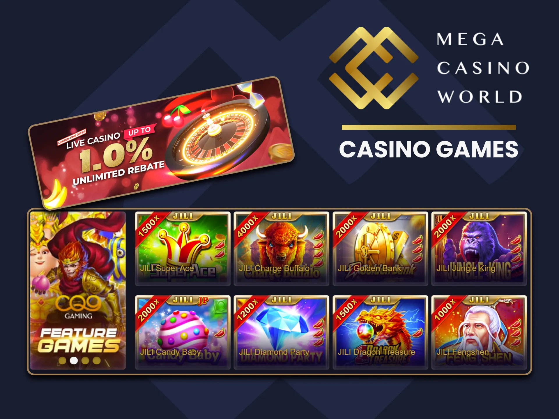 Find your favorite game in the casino section at Mega Casino World (crash games, slots, live casino, etc.).