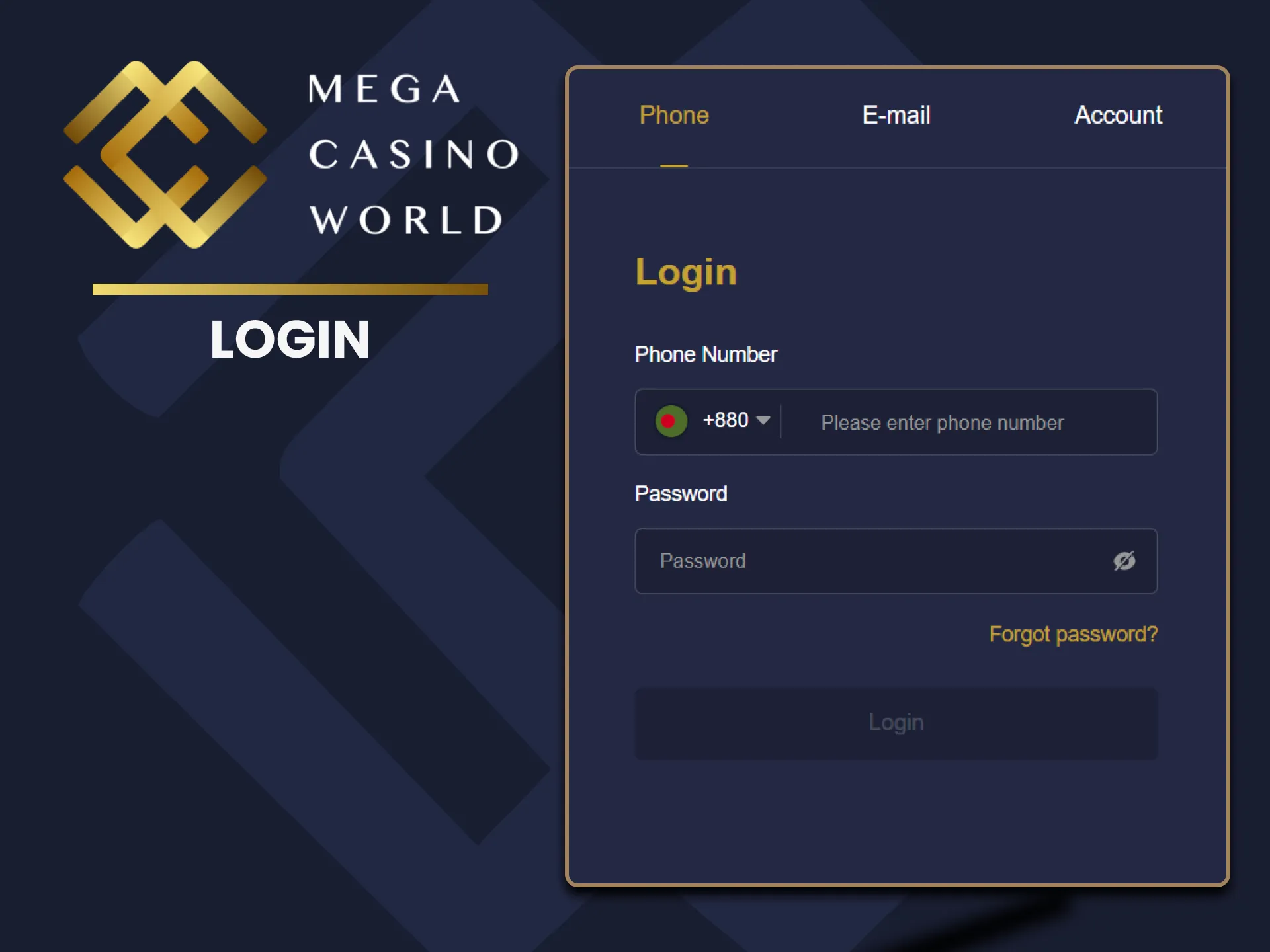 Mega Casino World login process in 3 steps.