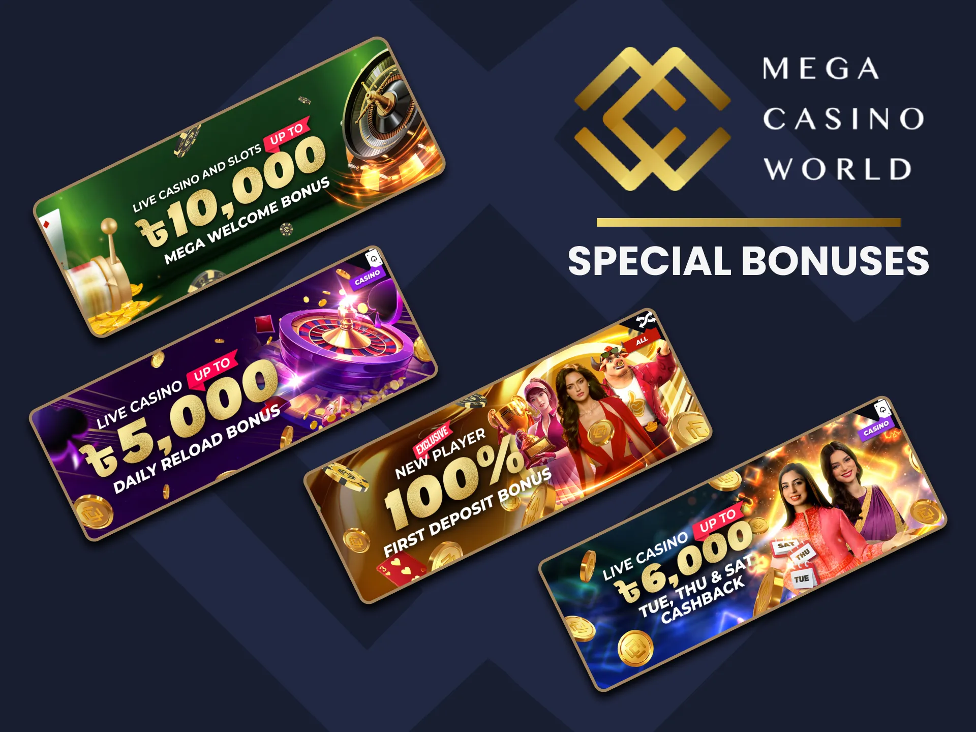 At Mega Casino World we prioritize our players with exclusive bonuses for live casino games.