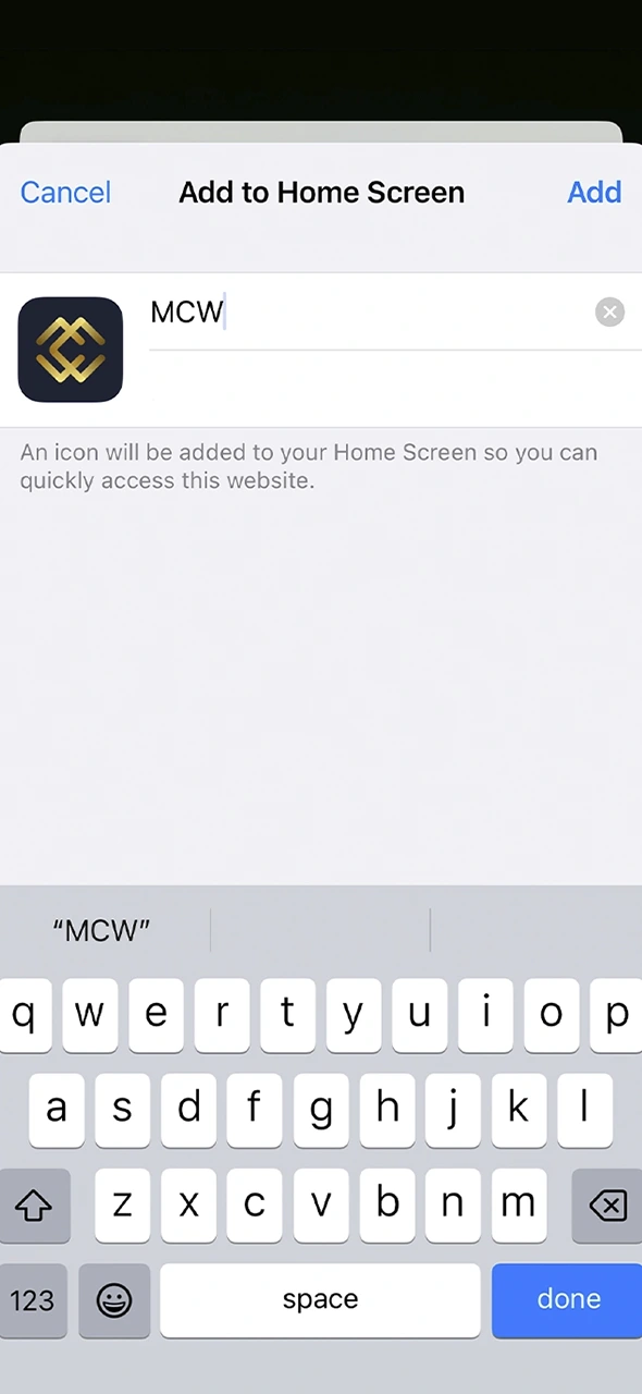Name the MCW app shortcut and tap Add.